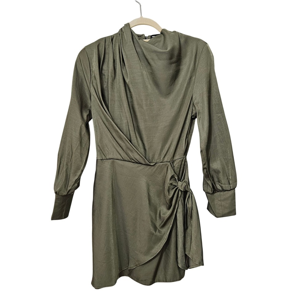 ASOS Petite Olive Green Draped Cowl Neck Mini Wrap Dress Size 6 Satin Cocktail